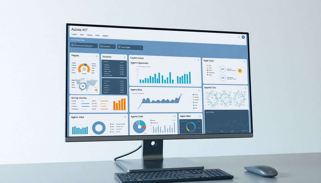 마이크로소프트 AI 에이전트 대시보드와 코파일럿 스튜디오, 에이전트 메시 개념을 보여주는 컴퓨터 화면 이미지