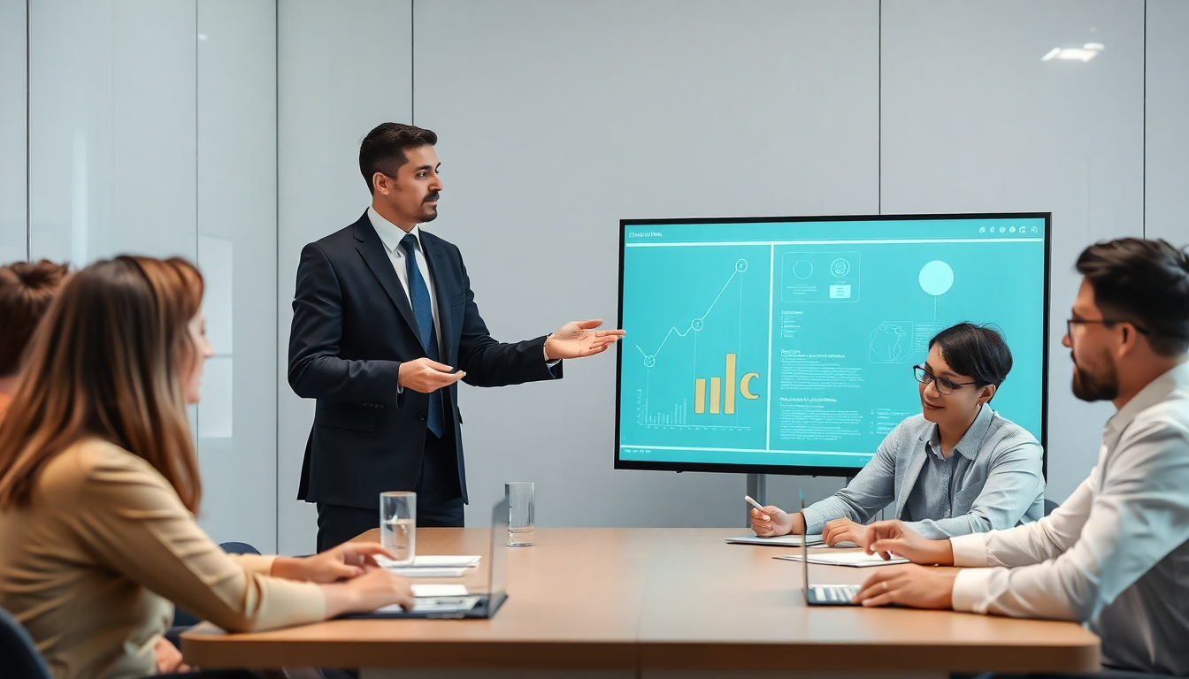 경영진에게 AI 도입 비즈니스 케이스를 발표하는 경영진