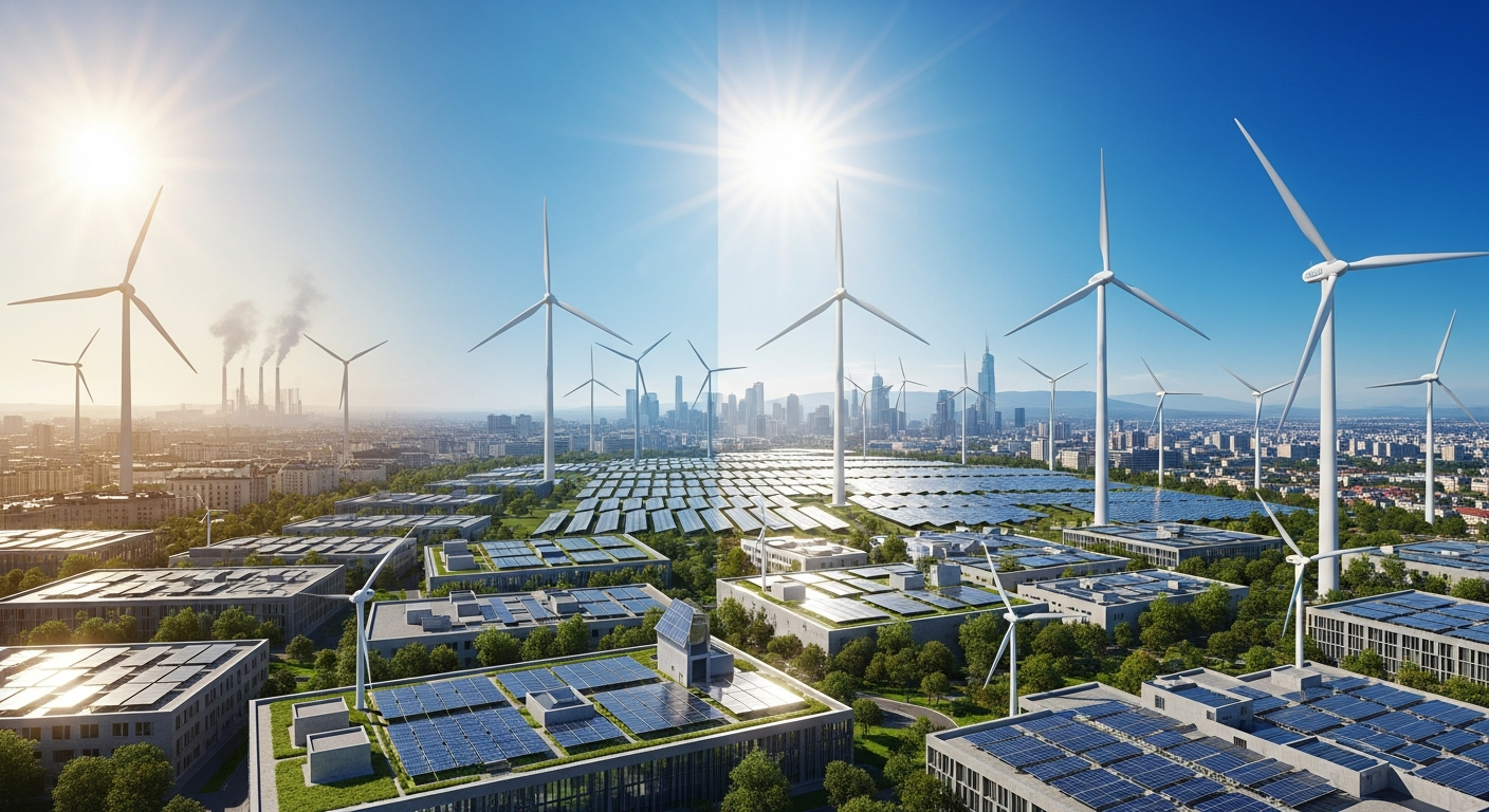 화석연료에서 신재생에너지로 전환하는 에너지 자립의 미래를 상징하는 이미지