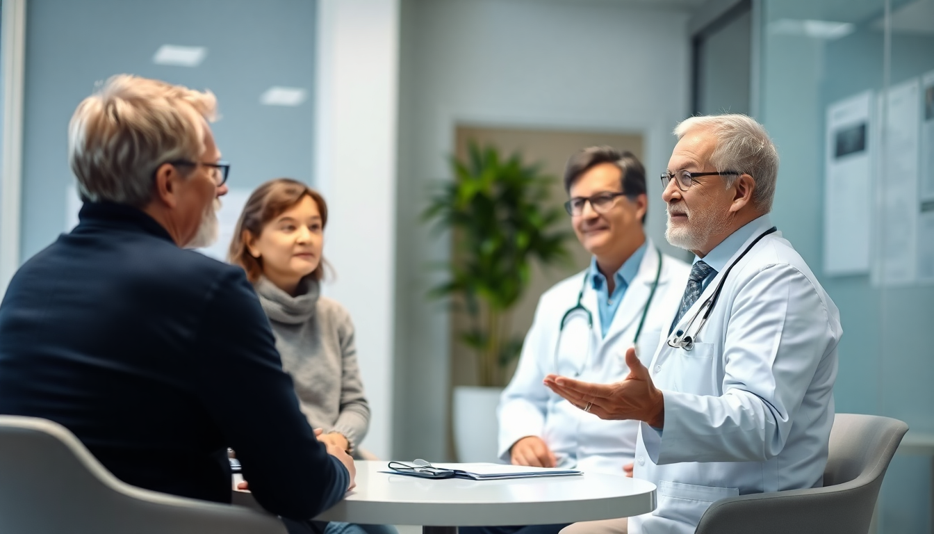 의사가 50대 환자에게 건강검진 질문과 답변을 설명하는 장면