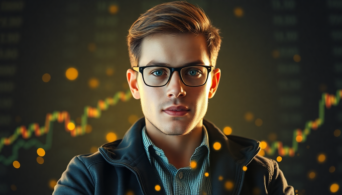 20대 이하 공격형 투자자 스타일을 나타내는 젊은 투자자와 성장 ETF 로고 QQQ, VGT, IJR가 빛나는 이미지