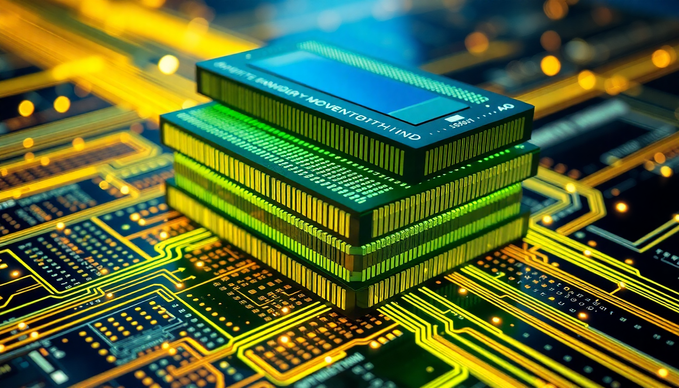 AI 반도체 성능을 좌우하는 HBM 메모리 칩의 고대역폭과 수직 적층 구조를 보여주는 이미지