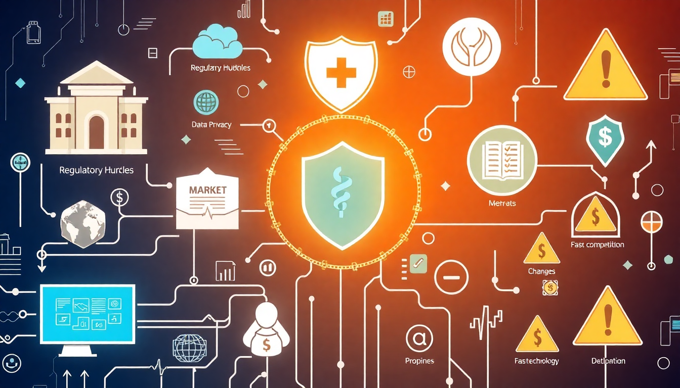 디지털헬스케어 투자시 직면하는 규제, 데이터 프라이버시, 시장 경쟁, 기술 변화, 재무 위험을 표현한 이미지