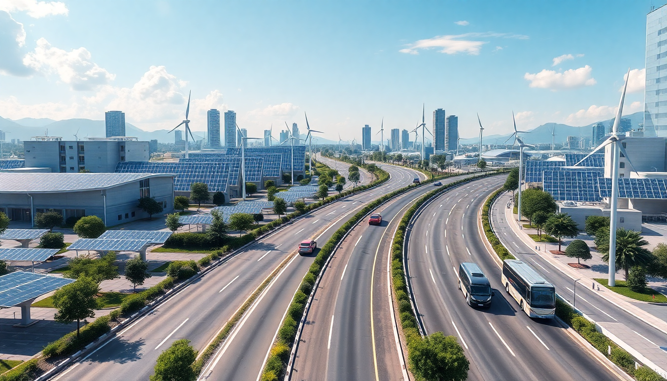 미래 도시와 성장의 길을 상징하는 낙관적이고 지속 가능한 신재생에너지 비전 이미지