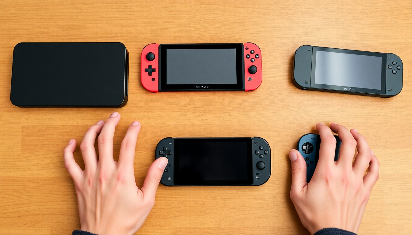 스팀 덱, 닌텐도 스위치2, PS 비타의 크기와 무게 휴대성 비교 장면