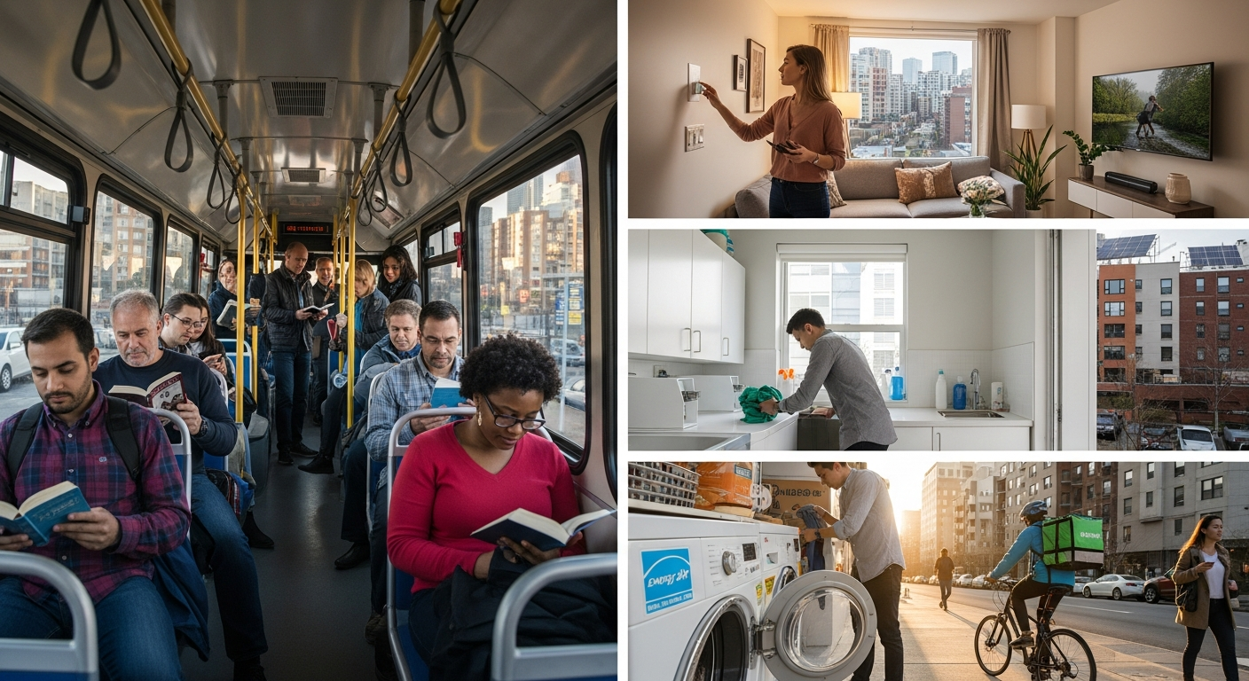 시민들이 대중교통 이용, 불필요한 전등 끄기 등 에너지 절약을 실천하는 모습