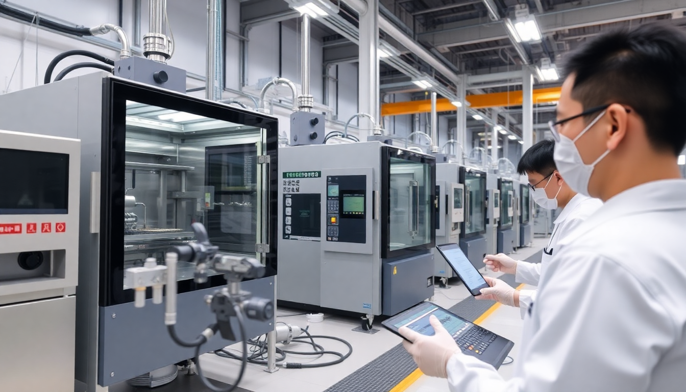 국내 주요 기업들의 식각, 증착, 테스트, 세정 반도체 장비가 작동하는 고기술 공장 내부