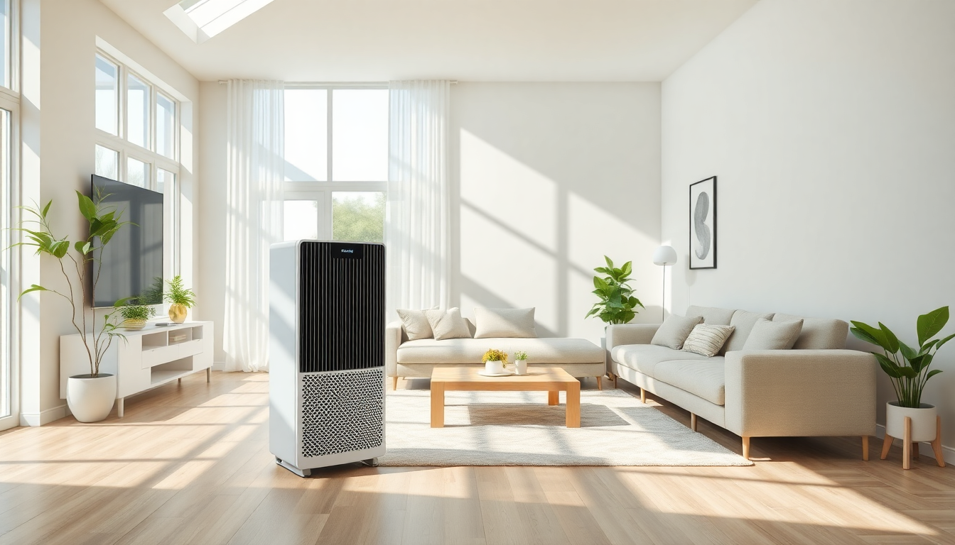 가족이 함께하는 넓은 거실에 대형 공기청정기가 놓여 청정한 공기 환경을 보여주는 모습