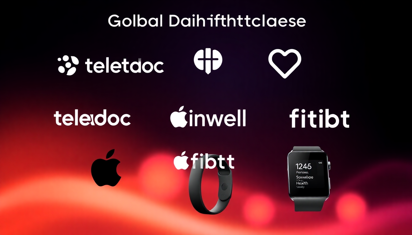 글로벌 디지털헬스케어 주요 기업들과 원격진료, 플랫폼, 웨어러블 기술을 시각적으로 나타낸 이미지