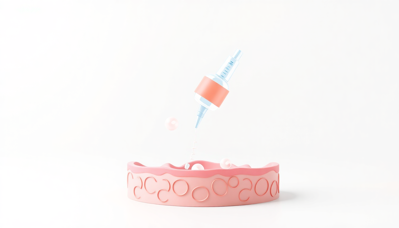 피부 장벽을 분해하는 히알루로니다제 효소를 의학적 기호와 함께 표현한 3D 미니멀리즘 일러스트