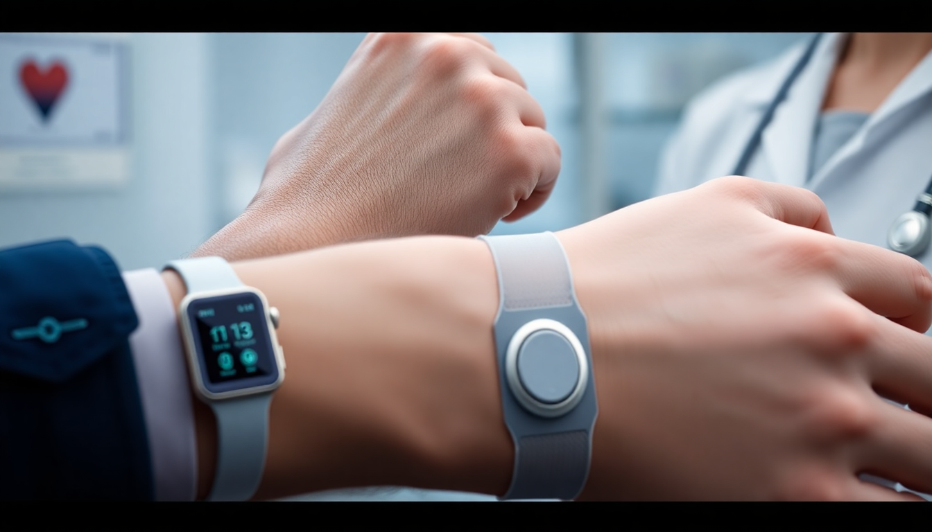 스마트워치, 패치센서, 스마트 의류, 임플란트형 기기 등 다양한 웨어러블 의료기기 유형 이미지