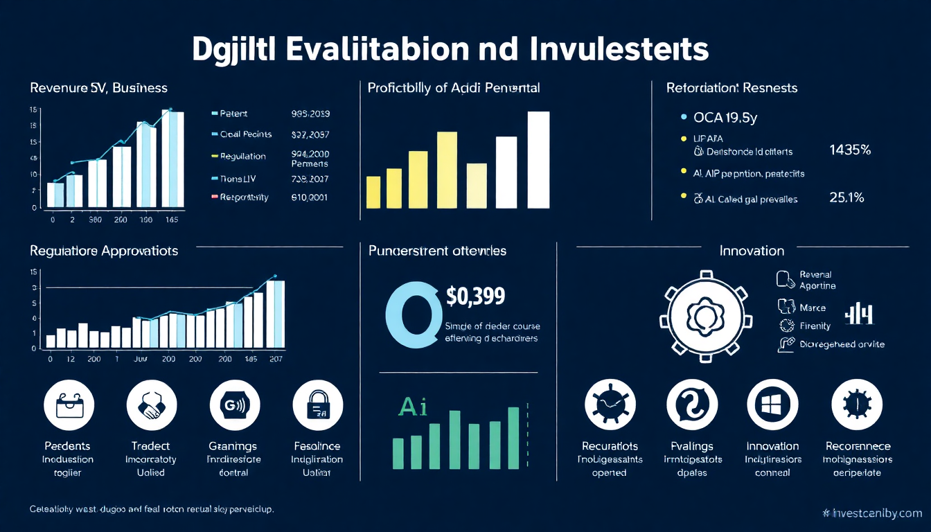 디지털헬스케어 투자시 고려해야 할 재무적, 기술적 평가 지표를 시각화한 경영 차트와 아이콘