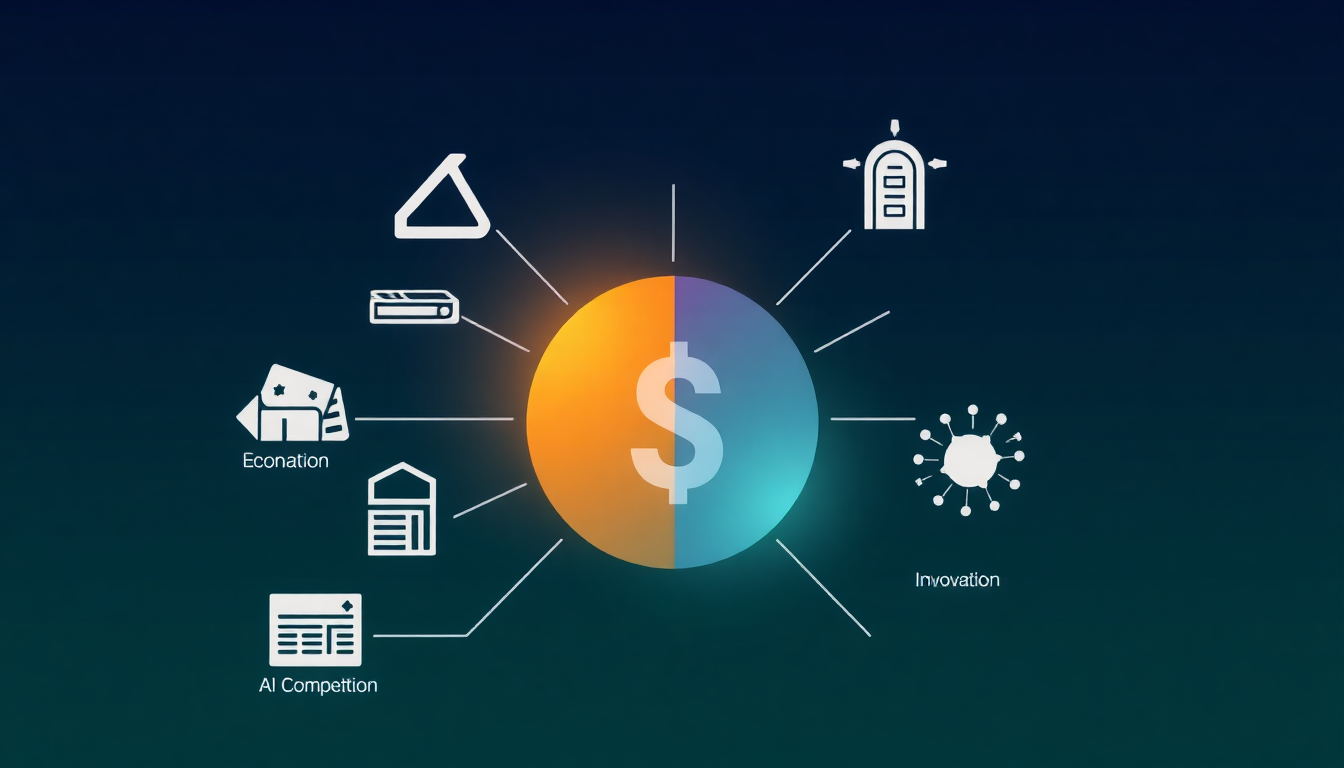 경제 변동, 규제, AI 경쟁, 기술 혁신 등 투자 위험 요소를 상징하는 개념적 이미지