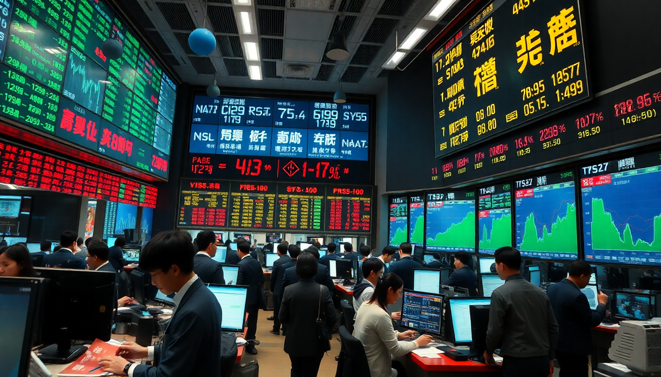 한국 주식시장의 변동성과 외국인 투자자 매도세를 보여주는 거래소 내부 모습