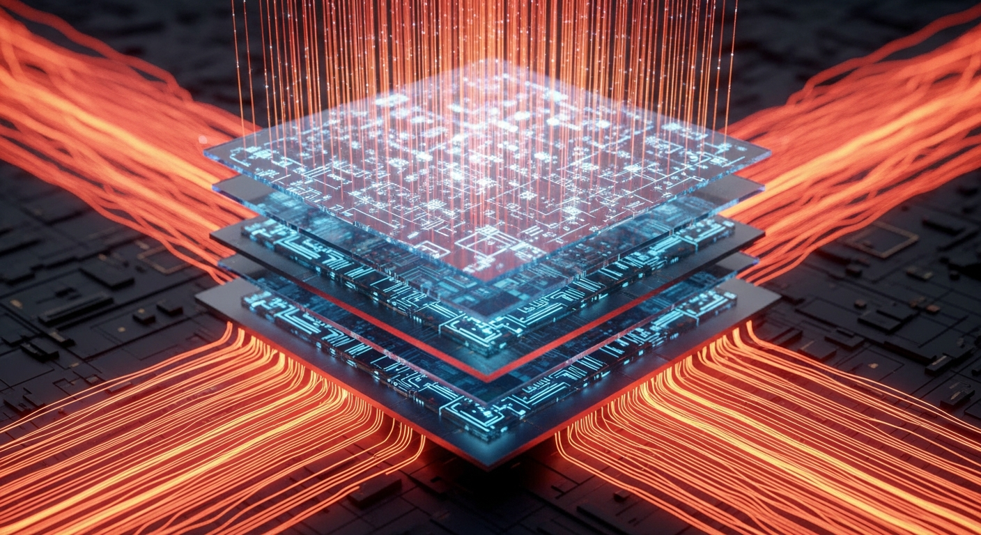 HBM 기술의 3D 적층과 TSV를 강조한 고대역폭 메모리 칩 이미지