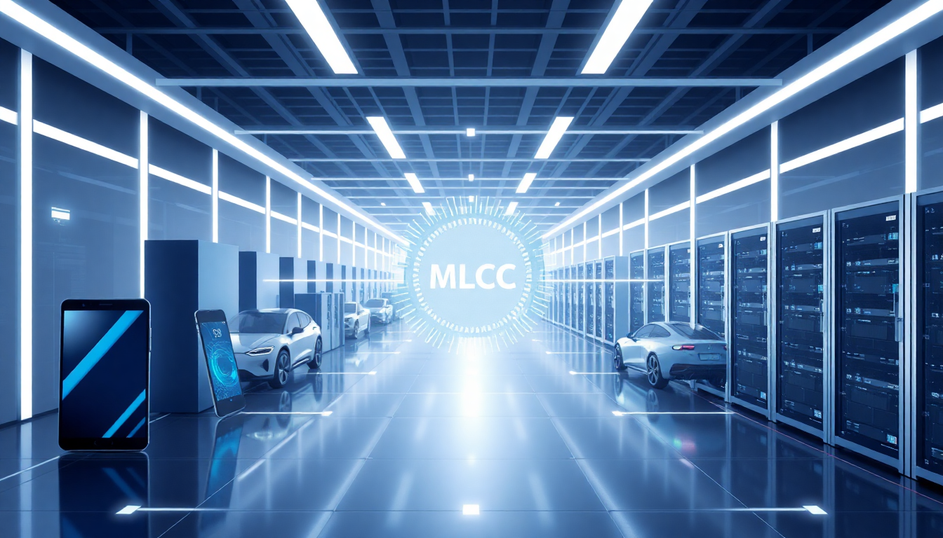 삼성전기 MLCC 사업 모델과 주요 전자기기 연결을 현대적이고 신뢰감 있게 표현한 이미지