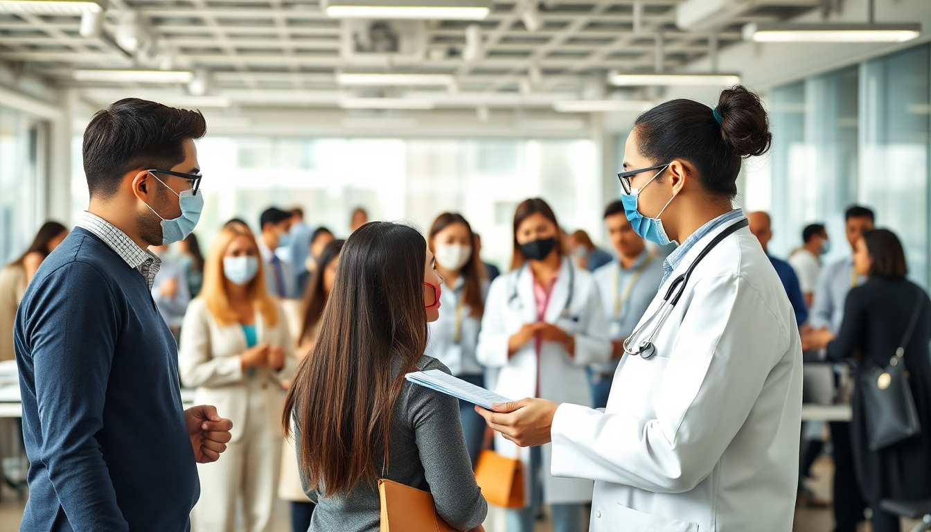 직장 내 건강검진 행사에서 원격 건강 상담 서비스를 받는 다양한 직장인들의 모습