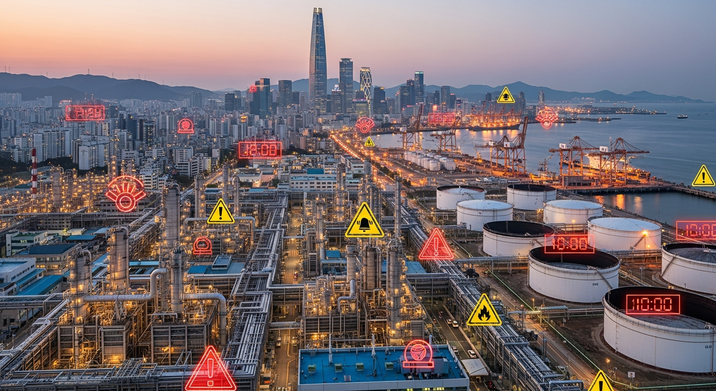 에너지 위기 경보 단계에 있는 한국의 에너지 시설과 도시 전경