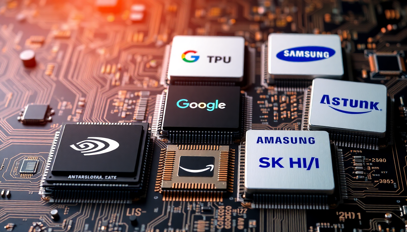 엔비디아, 구글, 아마존, 삼성전자, SK하이닉스의 AI 반도체 경쟁을 나타내는 이미지