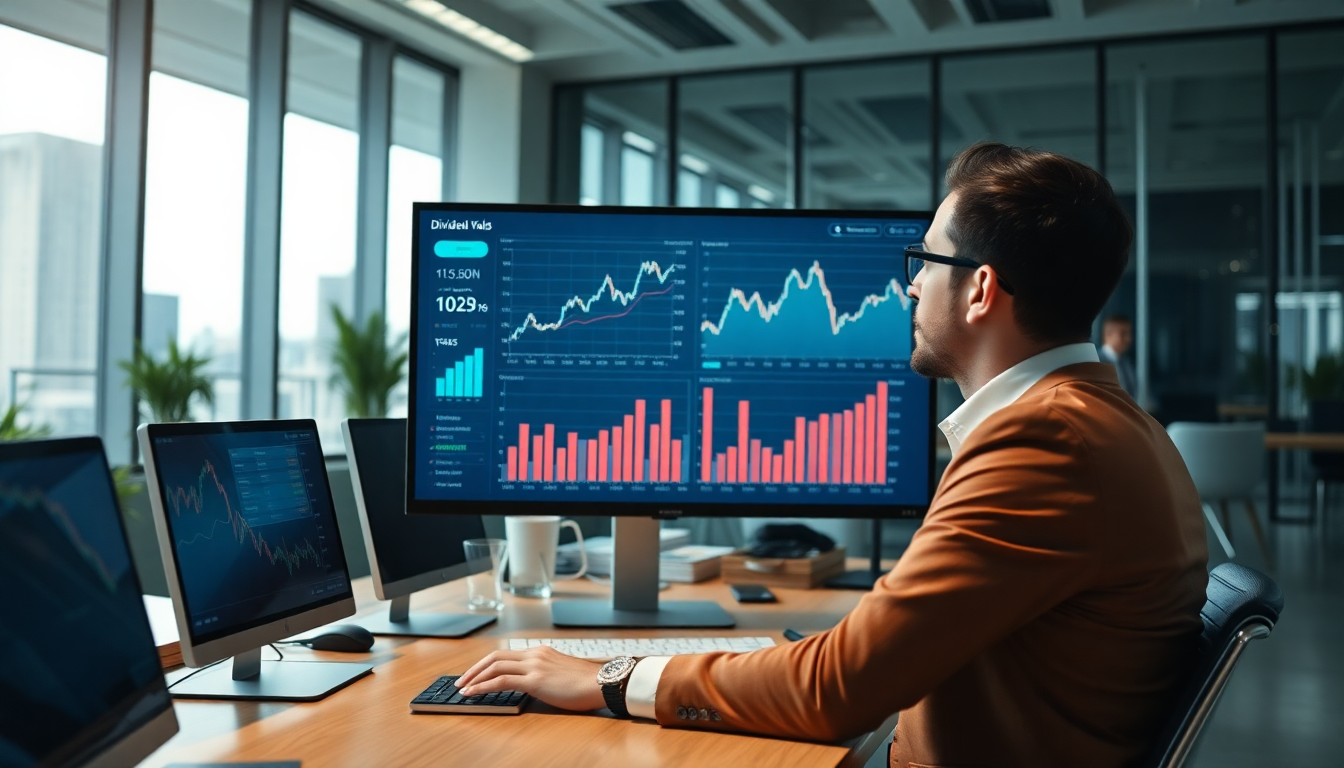 투자자가 현대적인 사무실에서 배당 수익률 그래프와 주식 포트폴리오 차트를 분석하는 모습