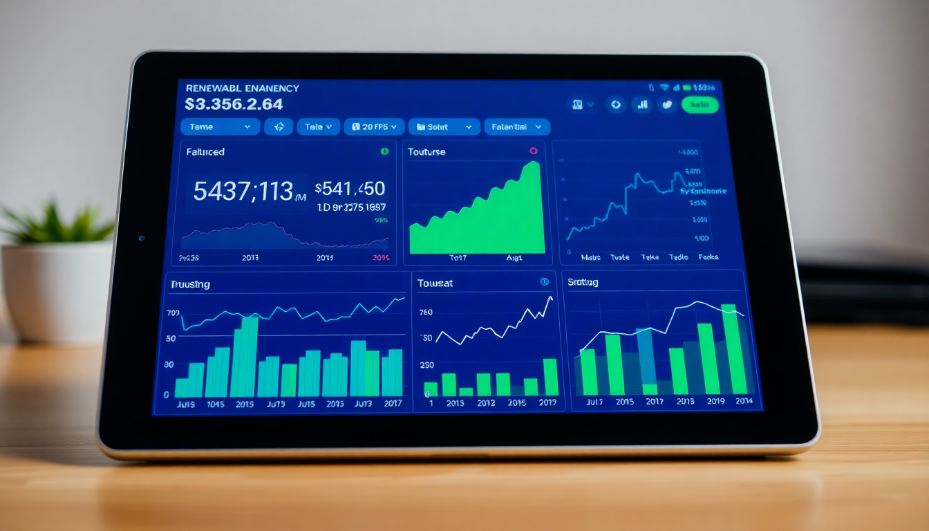 신뢰감 있는 깨끗한 인터페이스의 태블릿에 표시된 주가 흐름과 재무 데이터