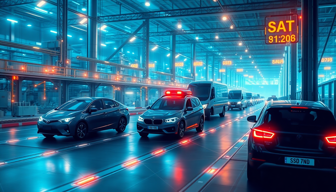 4차 산업혁명과 반도체 산업의 상호가속과 진화를 나타내는 미래형 스마트공장과 자율주행차 이미지