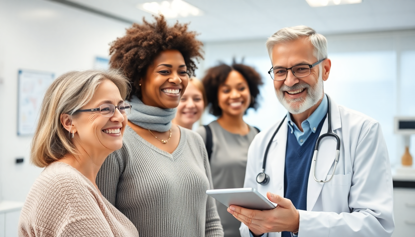 밝고 현대적인 클리닉에서 의사와 상담하는 50대 건강한 사람들