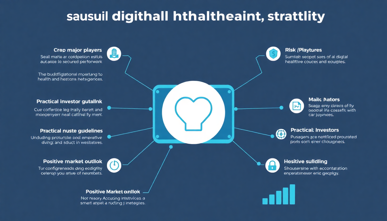 성공적인 디지털헬스케어 투자를 위한 핵심 전략, 주요 기업, 위험 요인, 투자자 가이드라인, 긍정적 전망을 시각적으로 정리한 인포그래픽