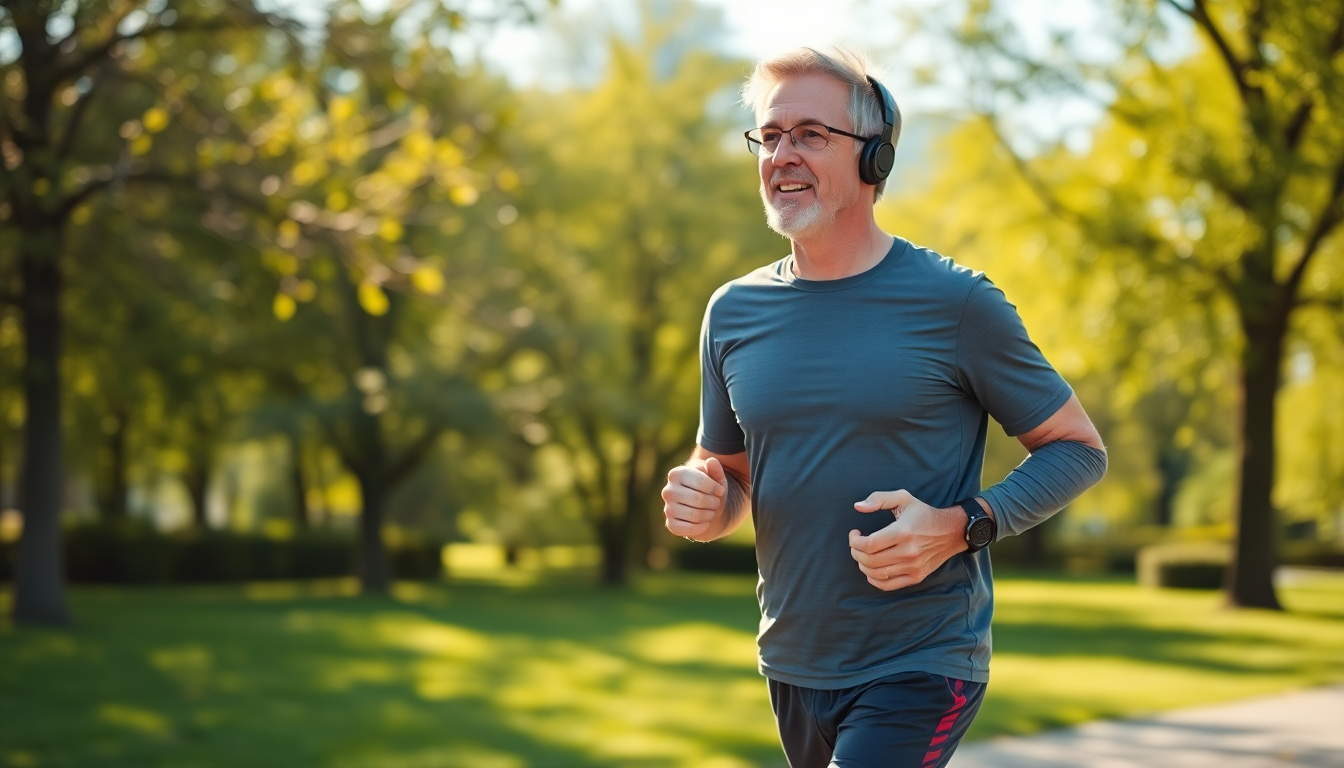 맑은 공원에서 운동하는 50대 활동적인 사람