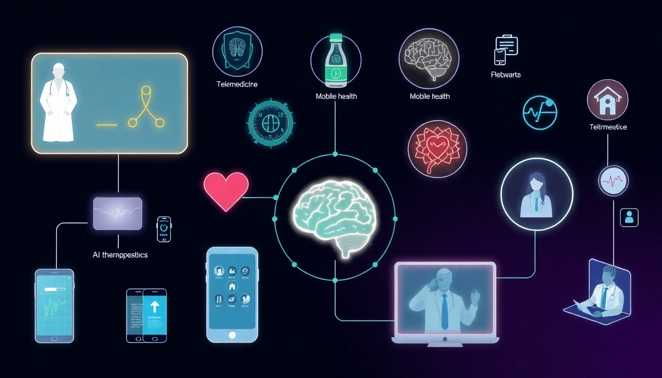 디지털헬스케어의 주요 영역 원격진료, 모바일 헬스, AI 진단, 디지털 치료제를 상징하는 기기와 서비스의 생태계