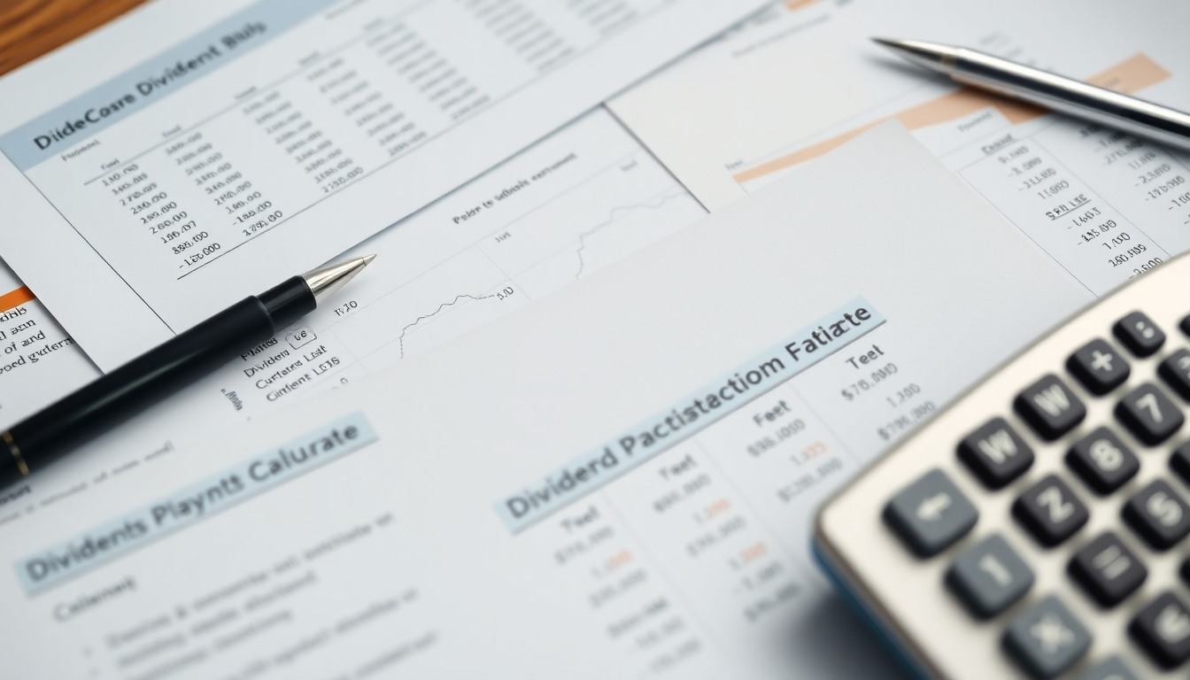 배당 수익률 계산 공식과 주식 증서, 배당 지급 일정이 적힌 문서와 계산기가 놓인 책상