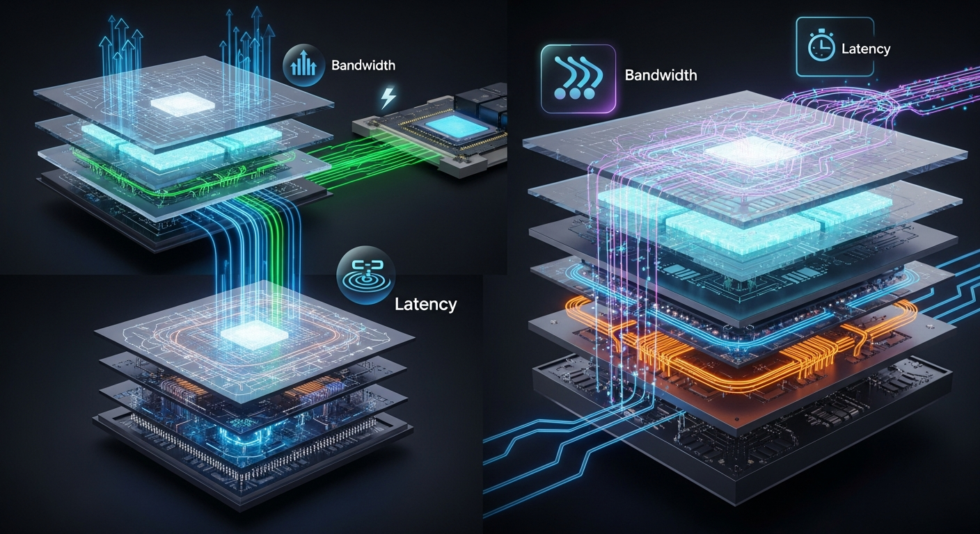 AI 최적화 메모리 구조를 보여주는 3D 수직 적층 메모리 칩 이미지
