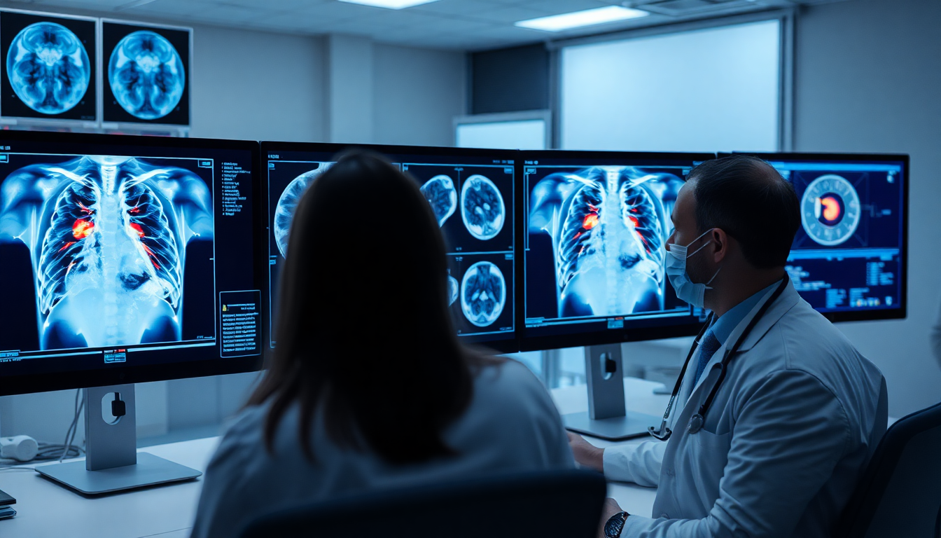 의료진이 AI로 분석된 흉부 엑스레이와 CT 영상의 이상 부위를 검토하는 첨단 병원 환경