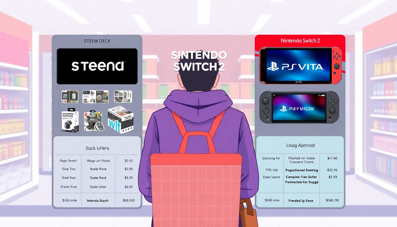 구매 가이드를 고려해 스팀 덱, 닌텐도 스위치2, PS 비타 중 최적의 게임기를 선택하는 모습