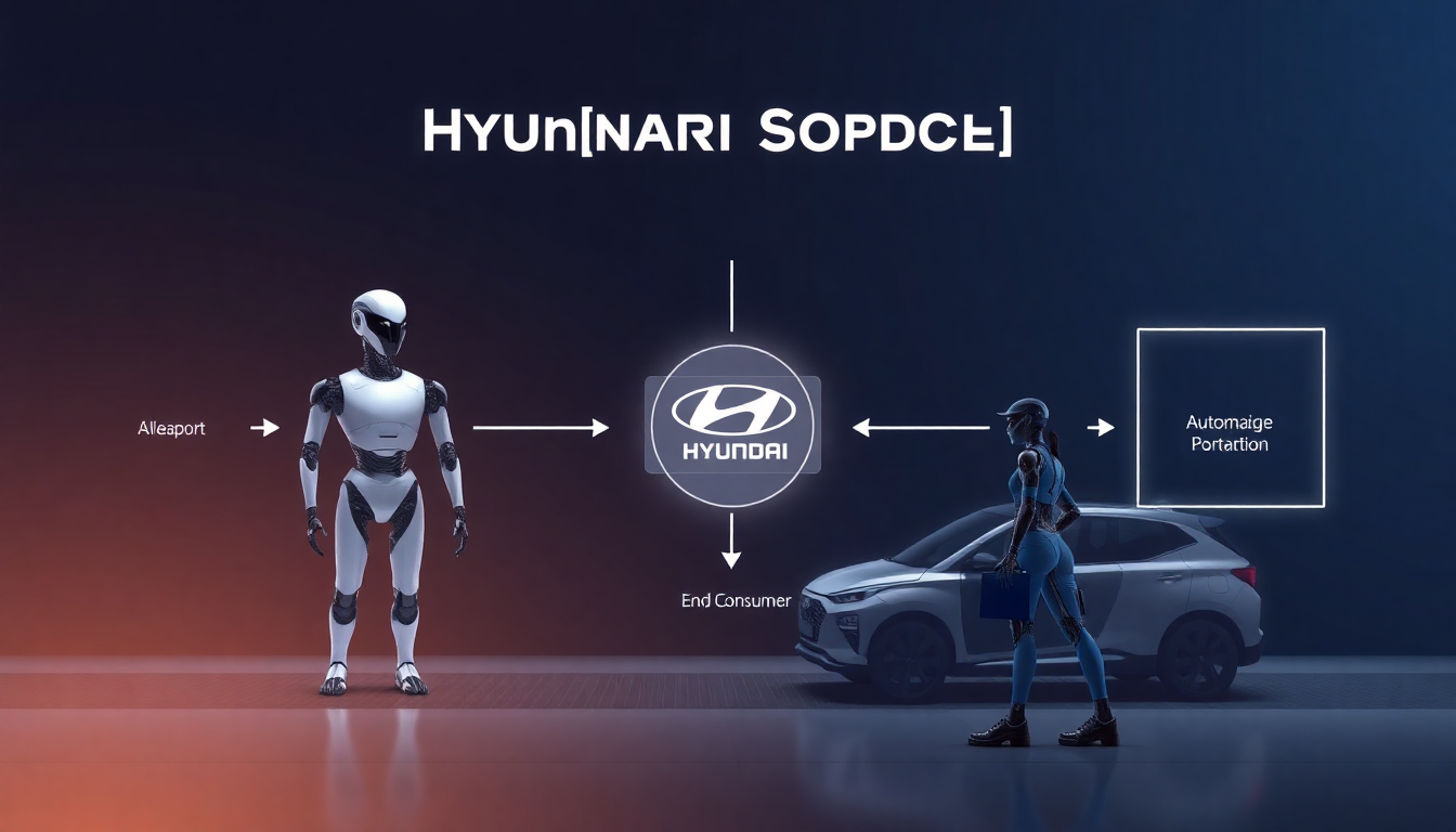 현대차 휴머노이드와 자동차 제조 공정을 연결하여 현대차 비즈니스 모델의 핵심 흐름을 시각적으로 표현한 현대적이고 깨끗한 이미지